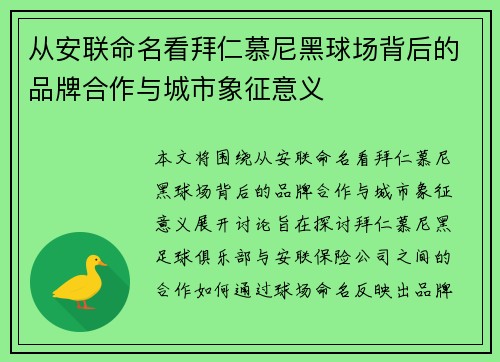 从安联命名看拜仁慕尼黑球场背后的品牌合作与城市象征意义
