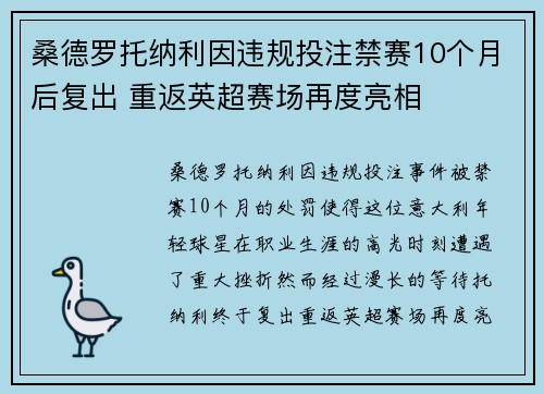 桑德罗托纳利因违规投注禁赛10个月后复出 重返英超赛场再度亮相
