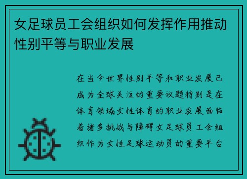 女足球员工会组织如何发挥作用推动性别平等与职业发展